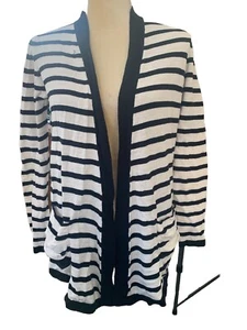 Long Sleeve Open Cardigan Jacket Womens S White w/Black Stripe Pockets - Picture 1 of 4