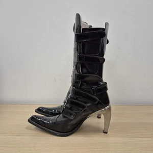 New Rock Black Patent Leather Chunky Heeled Mid Calf Strappy Boots Uk 6 Eu 39 - Picture 1 of 10
