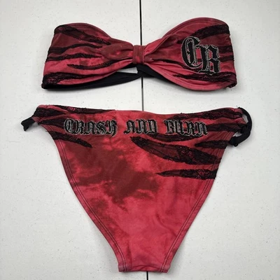 Bikini CRASH & BURN Y2K Rosa Negro Tie-Dye Bandeau Acentos de Encaje Talla M. (E2) Foto 1 de 4