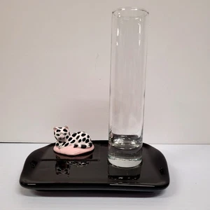 W Gronemeyer Cat Black Tray Glass Cylinder Vase German 7'' Pink Heart Signed MCM - Picture 1 of 8
