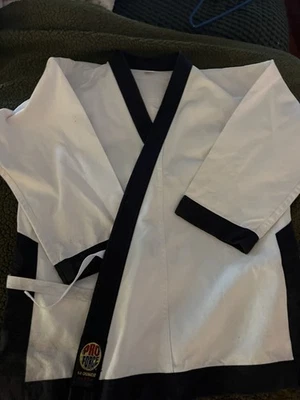Pro Force Ultra 14 oz Tang Soo Do Soo Bahk Do White Jacket, Blue Trim, Size 3½ - Image 1 of 4