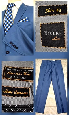 Tiglio Luxe Super 150's Merino Wool Dandy Suit Slim Fit Italian Wool Blue 38S - Image 1 of 4