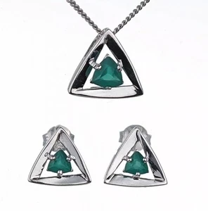 Onyx grün Set Halskette Ohrringe Sterlingsilber Ohrstecker Trillion Mai Geburtsstein - Bild 1 von 12