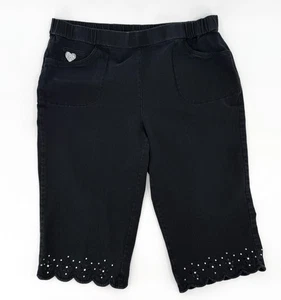 Quacker Factory DreamJeannes Capri Pants Womens 1X Black Rhinestone Scallop Hem - Picture 1 of 9