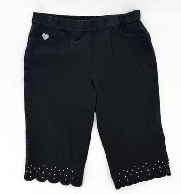 Quacker Factory DreamJeannes Capri Pants Womens 1X Black Rhinestone Scallop Hem - Image 1 of 4