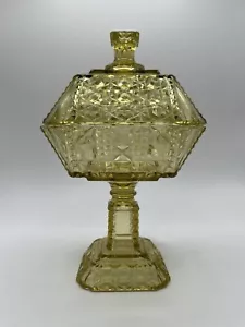 RARE Antique-Adam’s & Co EAPG YELLOW Valencia Waffle Lidded Pedestal Compote - Picture 1 of 16