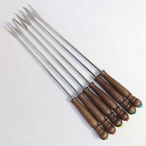 Vintage Wooden & Steel Colour Coded Fondue Forks Set 6 pcs - Foto 1 di 4