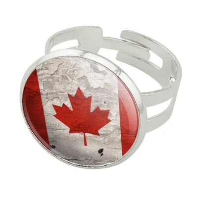Anillo de novedad ajustable enchapado en plata en madera bandera de Canadá envejecida rústica Foto 1 de 3