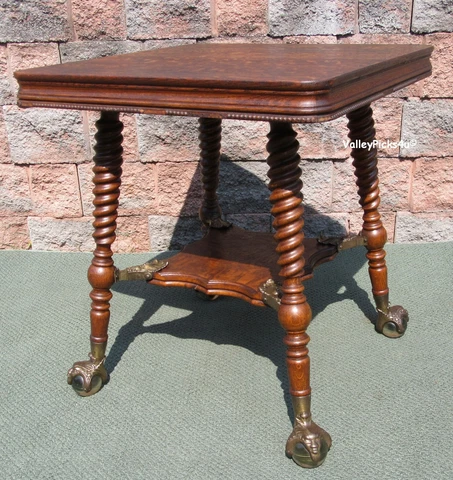 EXCEPTIONAL Antique Oak Glass Ball Northwind Man Claw Barley Twist Parlor Table Cover