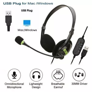 USB Computer Headset Wired Over Ear Headphones for Call Center PC Laptop Skype - Picture 1 of 12