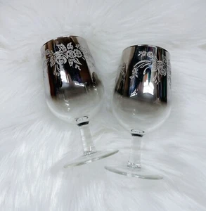 Vintage MCM Fancy Queen's Lusterware Silver Fade Wine Goblet Glasses - Picture 1 of 3