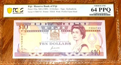 Fiji 10 Dollars ND(1989) P92a Uncirculated Grade 64 PPQ CHOICE UNC PCGS BANKNOTE - Image 1 of 4