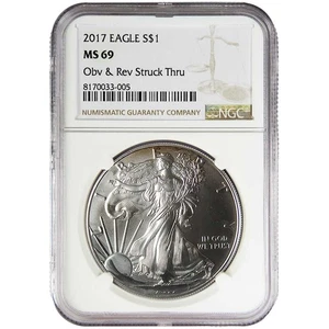 2017 $1 1-oz American Silver Eagle NGC MS69 Mint Error Obverse Strike Thru - Picture 1 of 4