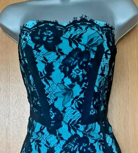 KAREN MILLEN UK 12 Green Lace Corset Hourglass Strapless Party Pencil Mini Dress - Picture 1 of 2