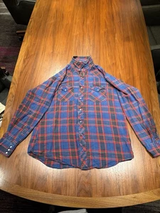 VTG LEE Shirt Men's XL Plaid Flannel Blue Pearl Snap Western Long Sleeve - Picture 1 of 5