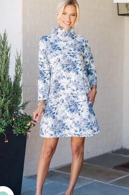 Shop the Mint This Is It Navy Blue Toile Ruffle Swing Dress Size Small $60 - Image 1 of 4