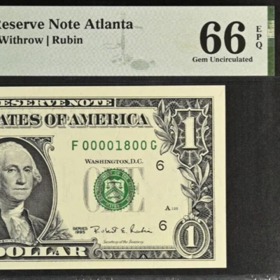 1995 $1 Federal Reserve Note PMG 66EPQ - Birthday Low Serial Number 00001800 - Image 1 of 3