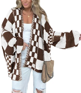 Casual Womens Open Front Long Sleeve Chunky Knit Cardigan Sweater Checkered Knit - Picture 1 of 12