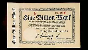 1923 Alemania REICHSBAHN CASSEL 1 billón / 1.000.000.000.000 marcos UNC - Imagen 1 de 2