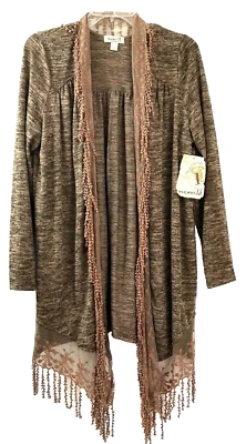 ONE WORLD Fringe Open Sweater Size S Marled Brown Embroidered Lace Mock NWT - Image 1 of 4