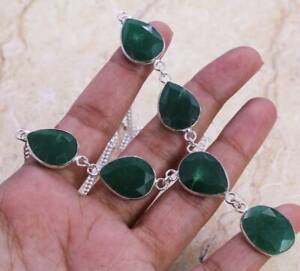 Emerald 925 Silver Plated Handmade Gemstone Necklace of  16" Ethnic Gift