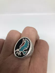 1980's Vintage Silver White Bronze Men's Hawk Turquoise Inlay Ring Size 8.75 - Picture 1 of 6