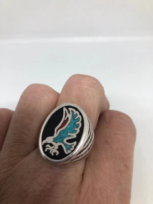 1980's Vintage Silver White Bronze Men's Hawk Turquoise Inlay Ring Size 12 - Image 1 of 4