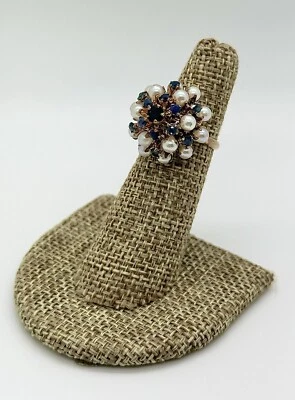 Vintage Estate 18K Yellow Gold Pearl Sapphire Cluster Dome Cocktail Ring - Image 1 of 4