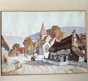 VTG 1931 WG Goodman JR Original Aquarell Gemälde Stadt Dorf Kirche 14"x 12" - Bild 1 von 11