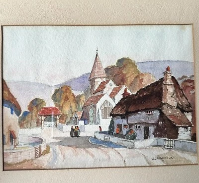 VTG 1931 WG Goodman JR Original Watercolor Painting Town Village Church 14"x 12" - Image 1 of 4