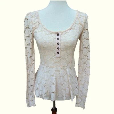 Free People Women’s S Blush/Cream Lace Eyelet Peplum Henley Long sleeve Top - Image 1 of 4