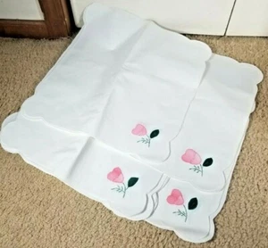 Set of 12 Linen Napkins 16" x 15.5" Stitched Pink Flower - Picture 1 of 4