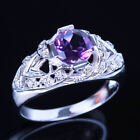 Natural Round Cut Amethyst Diamond Vintage Style Engagement Ring 10k White Gold