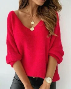 Suéter rojo cuello en V esponjoso manga larga para mujer - Imagen 1 de 6