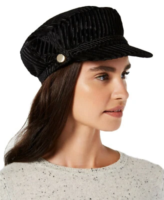 INC International Concepts Black Striped Velvet Newsboy Cap - Image 1 of 2