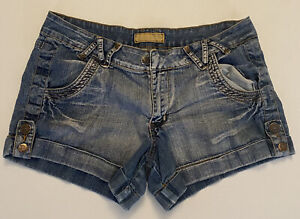 Womens Denim Washed Shorts Size 11 Mid Rise Distressed Cuffed Blue Shorty Summer