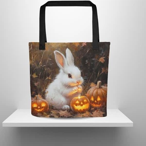 Halloween Bunny Tote Bag White Rabbit Pumpkins Spooky Cute Autumn Style - Picture 1 of 7