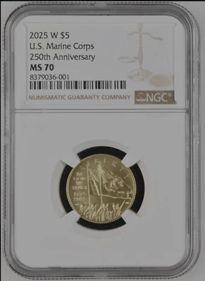 2025-W Uncirculated $5 Dollars US Marine Corps Gold 250th Anniversary NGC MS70  - Image 1 of 2