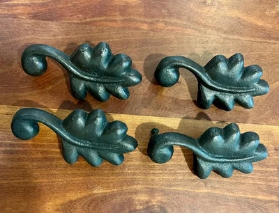 4 Black Metal Iron Leaf 3" Drawer Pulls 2" Spread - Image 1 of 3