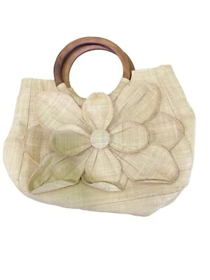 Bolso de Mano Mar Y Sol Crema con Flor Tostada Natural Tejida Paja Madera Rafia Manijas I7 Foto 1 de 3