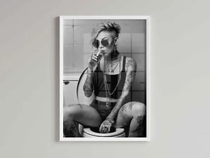 Sexy Party Girl On The Toilet Drinking Smoking Print Poster Wall Art Picture A4+ - Picture 1 of 1