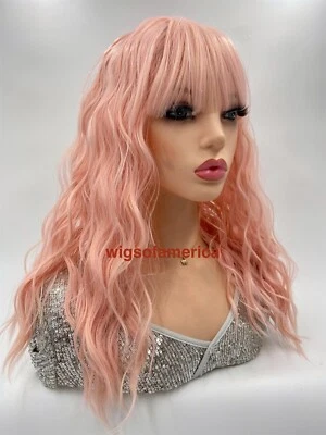Peluca rosa claro con flequillo ondulado 20 pulgadas de largo calor OK Foto 1 de 4