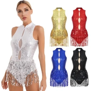 Women Sparkly Sequined Leotard One Piece Tassel Bodysuit Ballroom Latin AU - Picture 1 of 66