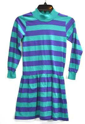 Vestido Lands End Niñas Azul Mar Verde Rayas Cuello Simulado Manga Larga Acanalada S 7/8 Foto 1 de 4