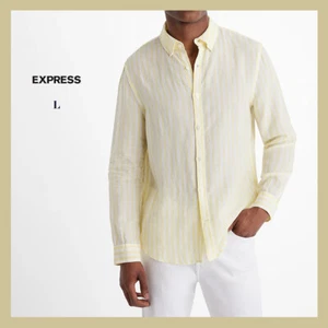 NUEVO CON ETIQUETAS - Camisa Express Para Hombre Rayas Amarilla Mezcla Lino Manga Larga Talla L $74 - Imagen 1 de 7