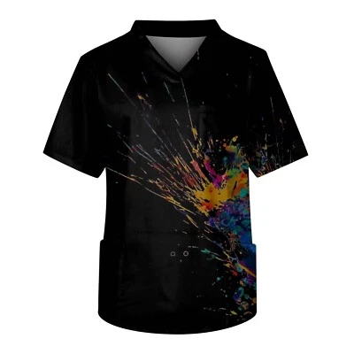 Scrub Tops for Men Print Tops V Neck Working Unifrom with Pocket - Image 1 of 4