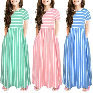 Children Kids Girls Short Sleeve Striped Print Long Dress Kids Dresses Clothes A - Picture 1 of 21