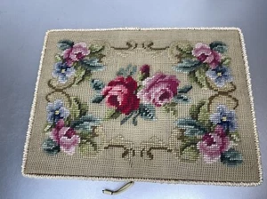 Vintage Needlepoint Embroidery Pink Roses Flowers Sewing Box Lid - Picture 1 of 5
