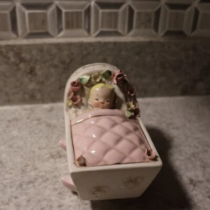 Coin Bank - Lefton Sleeping Baby Boy in Cradle - Picture 1 of 12