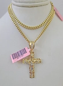 Real 14k Chain Cross Charm Set Miami Cuban Link 4mm Necklace Pendant Yellow Gold - Picture 1 of 8